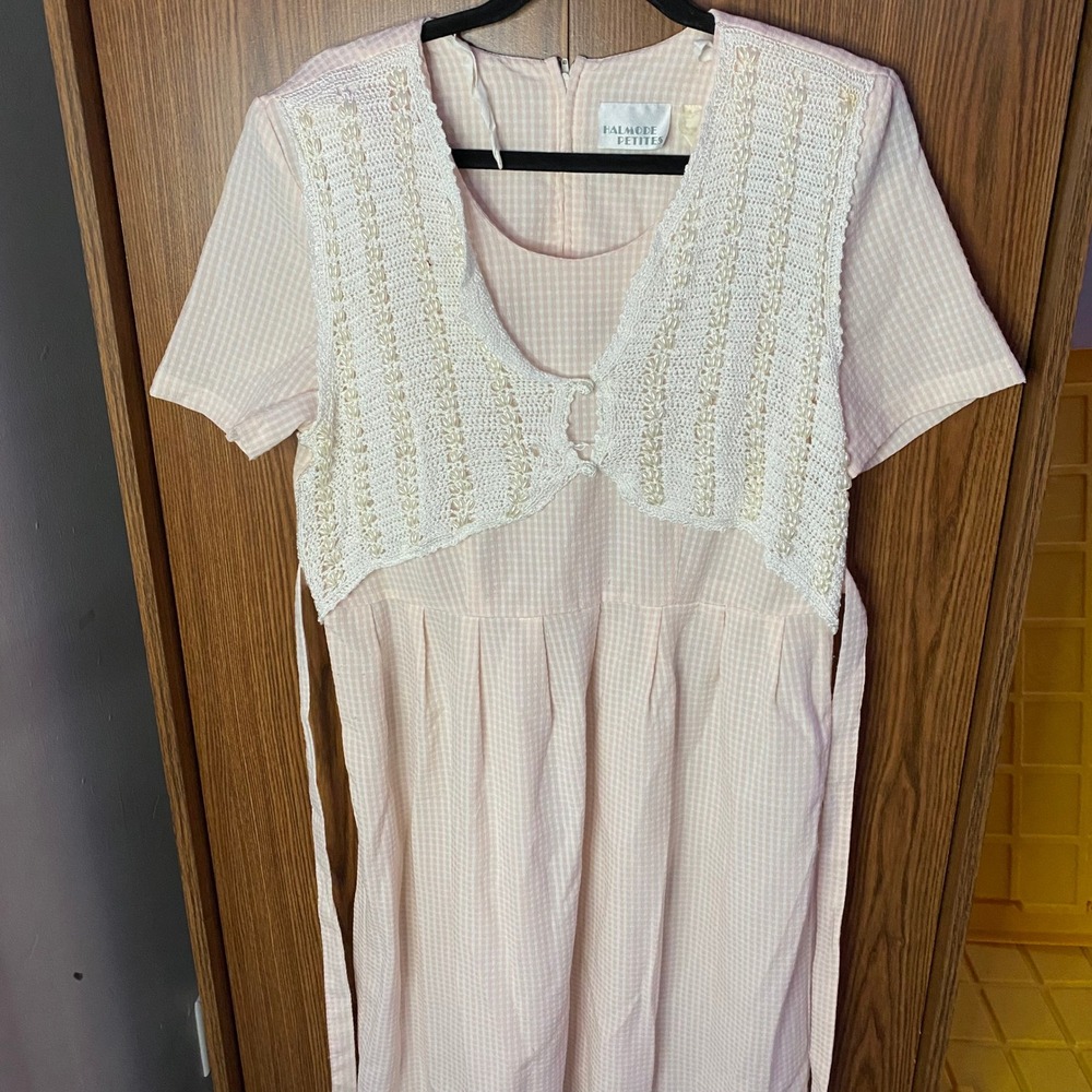 Halmode Petites Gingham Dress Womens Petite Pink White Crochet Pearl Vintage